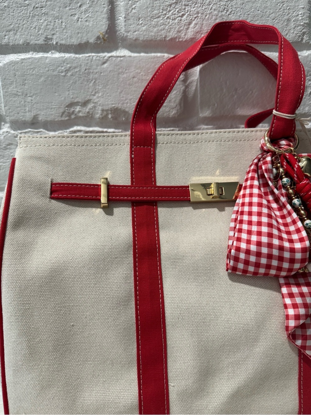 Canvas Tote Bag with Red Trim and Charms - Picture 4 of 7